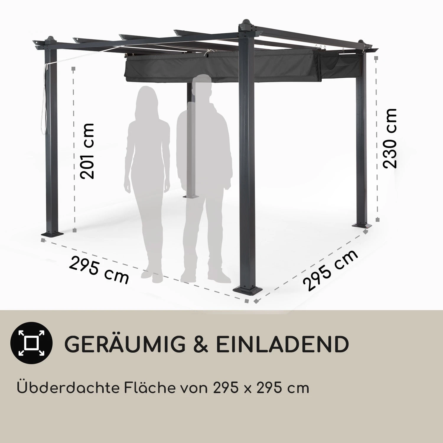 Pantheon 3x3 Pergola Vordach 3x3m Aluminium Sonnendach Polyester Grau 6 Pantheon 3x3 Pergola Vordach 3x3m Aluminium Sonnendach Polyester Grau – Bild 4