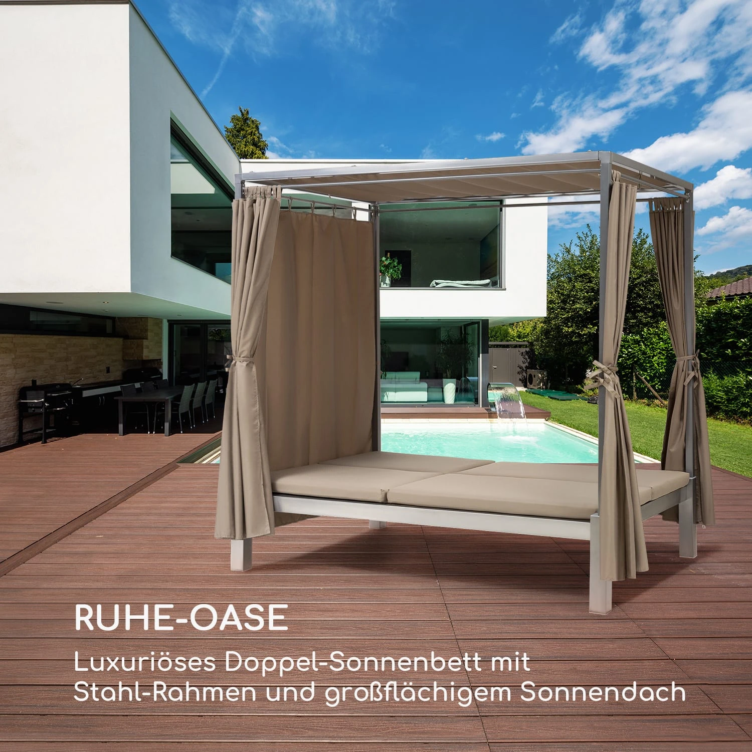 Eremitage Double Sunbed 2 Pers Stahl-Rahmen Sonnendach Vorhänge Taupe 6 Eremitage Double Sunbed 2 Pers Stahl-Rahmen Sonnendach Vorhänge Taupe – Bild 4