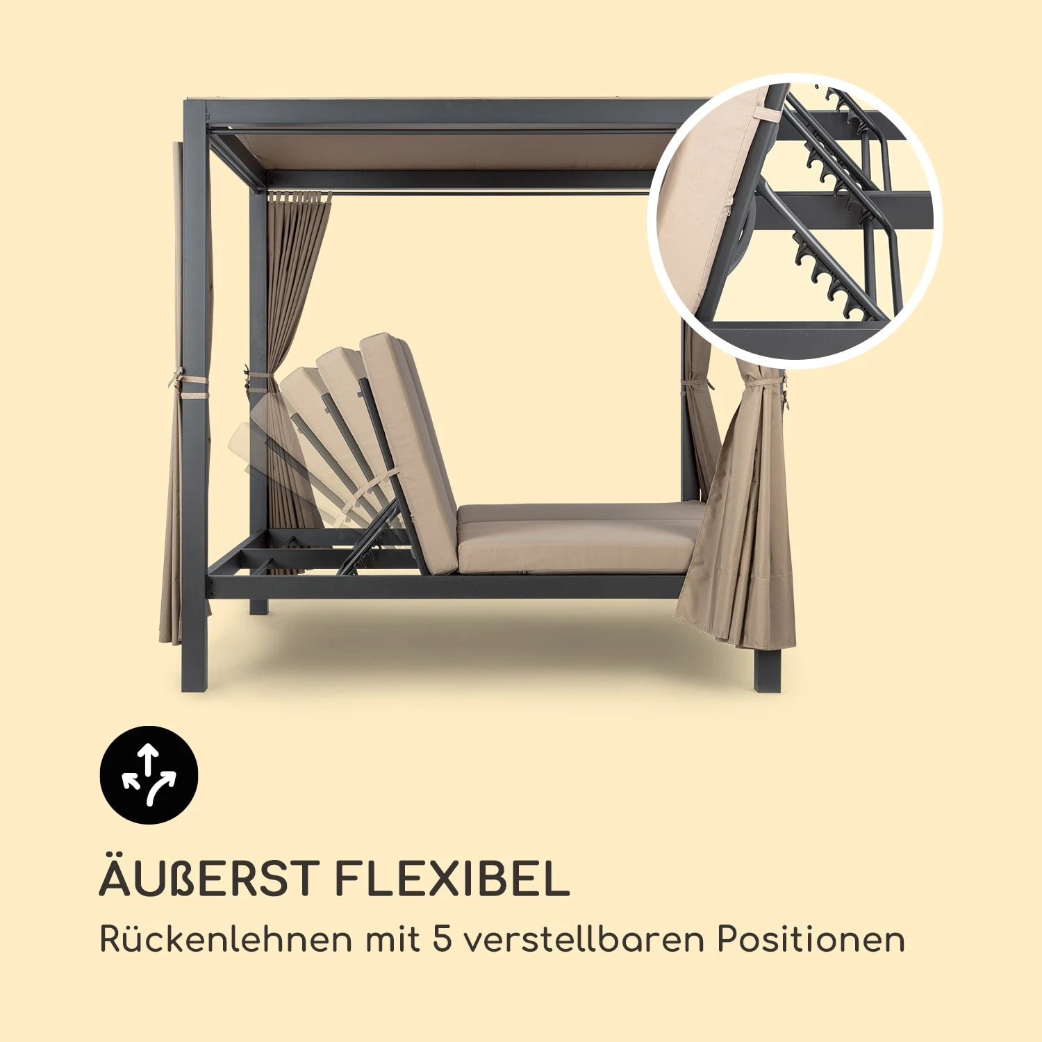 Eremitage Double XL Sunbed 2 Pers Stahl-Rahmen Sonnendach Vorhänge 9 Eremitage Double XL Sunbed 2 Pers Stahl-Rahmen Sonnendach Vorhänge – Bild 7