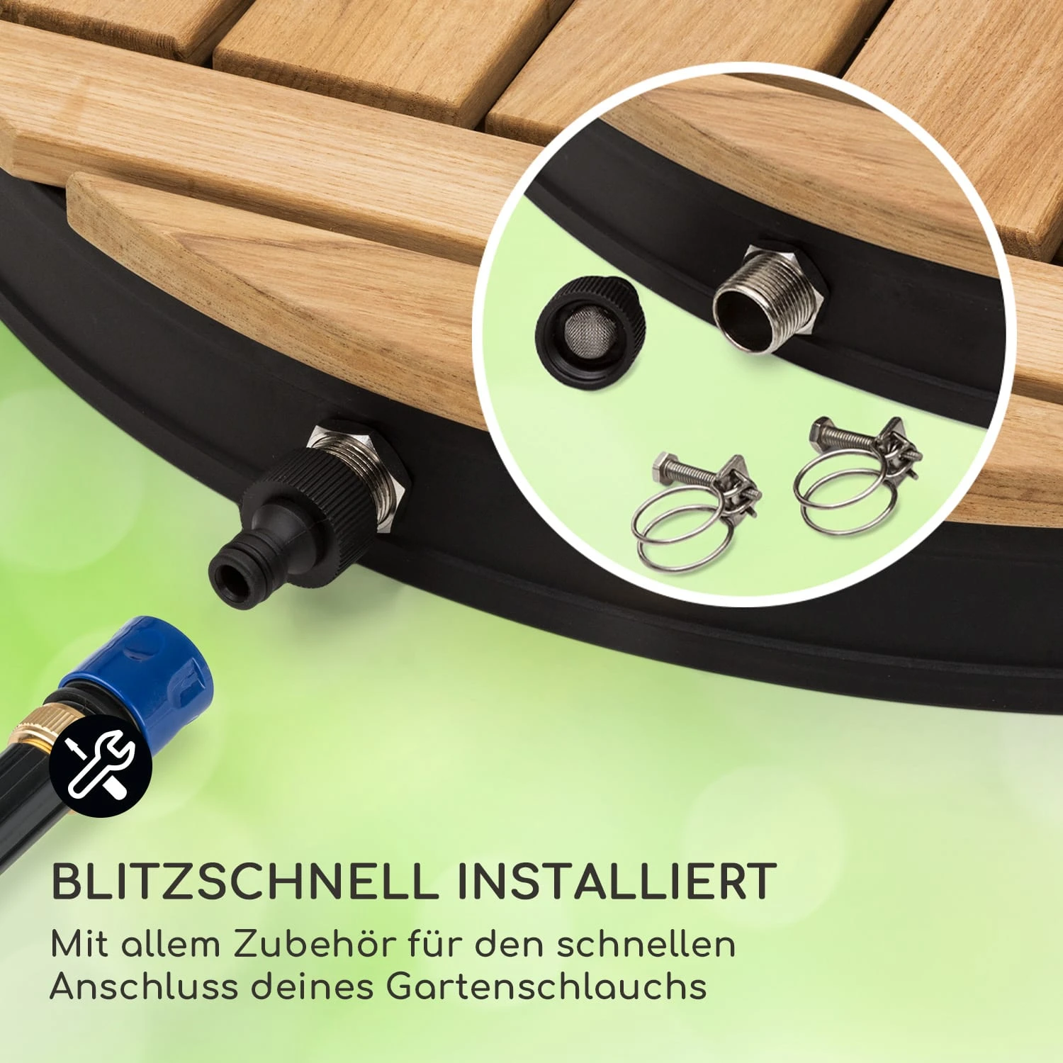 Sumatra Teak Round Gartendusche Aluminium Teakholz Tragegriff 7 Sumatra Teak Round Gartendusche Aluminium Teakholz Tragegriff – Bild 5