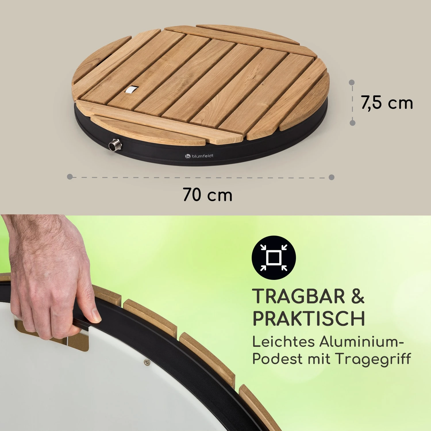 Sumatra Teak Round Gartendusche Aluminium Teakholz Tragegriff 8 Sumatra Teak Round Gartendusche Aluminium Teakholz Tragegriff – Bild 6